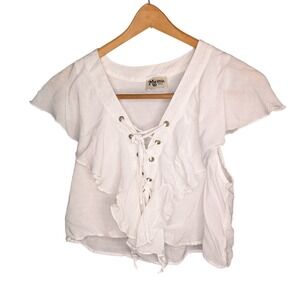 Show‎ Me Your Mumu Treasure Lace Up Top Small White Boho Cottage Festival Blouse